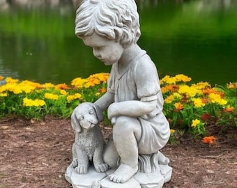 Stone boy decoration Boy with puppy Dog owner gift Concrete boy statue Little puppy figure Best friends sculpture