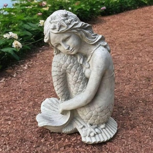 Sitting mermaid sculpture Mermaid girl on shell Outdoor stone decor Concrete mermaid Sea garden decoration Small mermaid