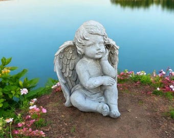 Baby angel figure Cute sitting angel Concrete angel with wings Cherub decor Angel memorial statue