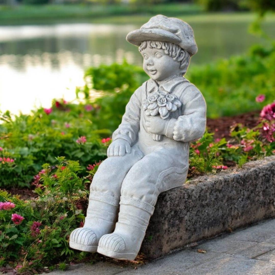 Lawn Boy Figure, Outside Kid Decor, Garden Child Ornament, Stone Boy ...