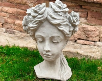 Woman bust statue, Stone planter decor, Lawn woman ornament, Yard planter art, Outside bust design, Flower pot sculpture, Garden plant pot
