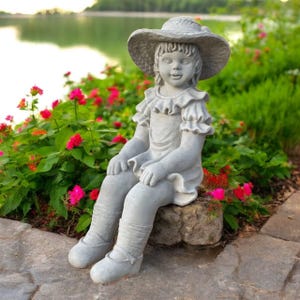 Outdoor girl figure, Lawn kid art, Backyard child sculpture, Garden girl decor, Outdoor child idea, Stone kid ornament, Concrete girl art