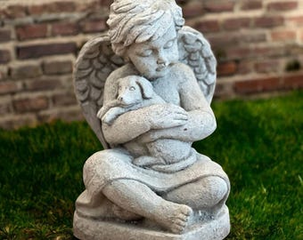 Cherub garden statue, Lawn angel decor, Cement religious idea, Outdoor cherub art, Angel with puppy, Yard religious design, Beton cherub