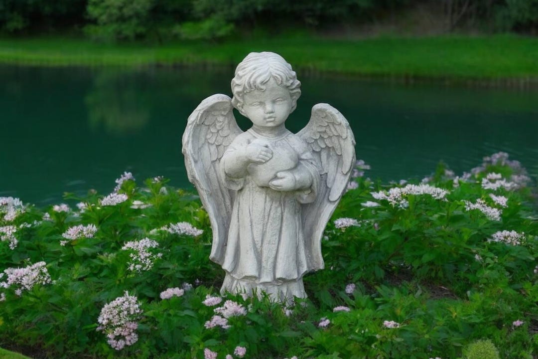 Stone Angel Figure, Concrete Religious Statue, Backyard Cherub Art ...