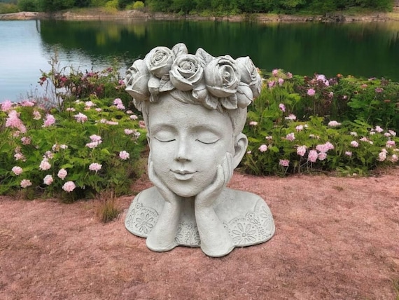 Outdoor woman bust statue, Home planter head, Concrete woman plant pot, Stone girl art, Pot for plants ornament, Garden woman decoration