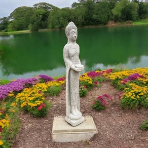 Tall Buddha figure Concrete Lady Oriental Buddha statue Zen outdoor decor Buddha with bowl Stone religious figure Altar decoration