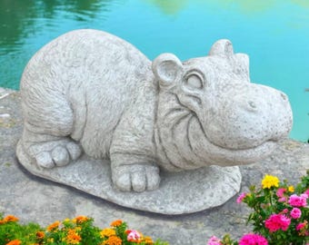 Outdoor hippo statue, Garden animal decor, Hippo stone ornament, African animal figure, Lawn hippo idea, Concrete animal art, Hippo on base