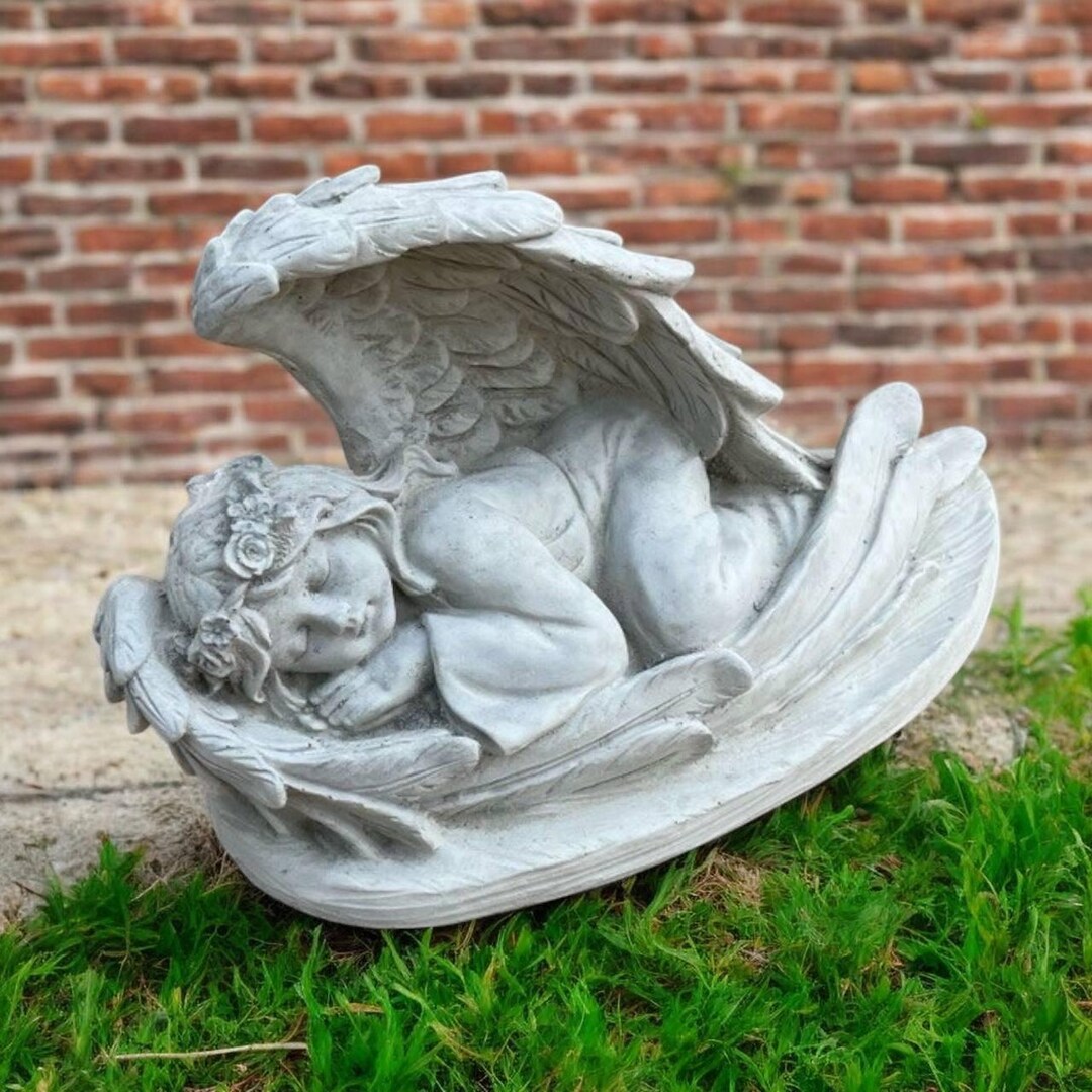 Sleeping Angel Sculpture, Concrete Cherub Decor, Garden Religious Art ...