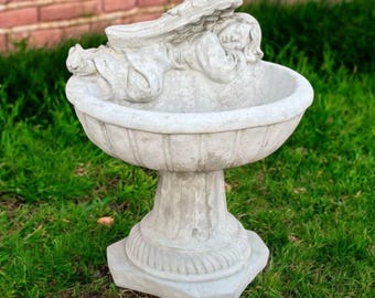 Stone bird bath figure, Outside drinker decor, Garden angel ornament, Lawn religious design, Bird bath sculpture, Backyard drinker statue