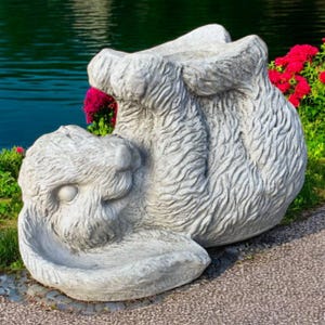 Bunny holder statue, Lawn rabbit art, Garden figure, Stone bunny, Backyard rabbit ornament, Outside globe holder, Rabbit base for globe