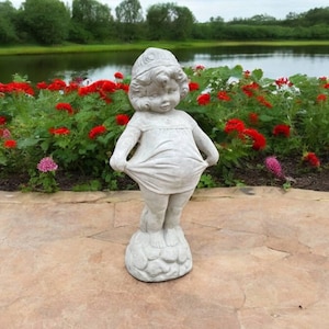 Outside girl statue, Concrete child decor, Stone small girl, Lawn kids sculpture, Girl on rock, Lawn child figurine, Garden kid idea