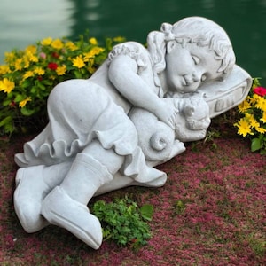 Sleeping girl sculpture, Kid garden statue, Backyard child idea, Outdoor girl decor, Lawn kid figurine, Child stone ornament, Girl gift art