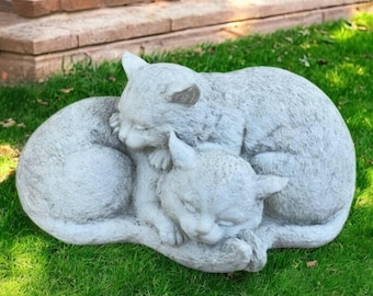 Cats garden figurine, Beton kittens decoration, Outside pets design, Cement cats art, Backyard kittens statue, Concrete pets ornament
