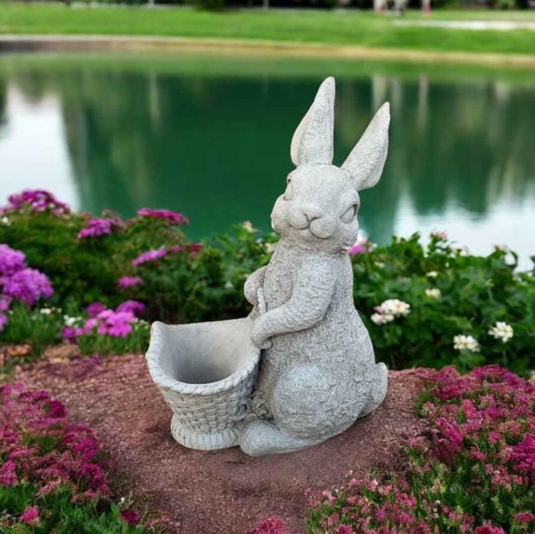 Stone Rabbit Flower Pot, Concrete Animal Planter, Rabbit With Basket ...