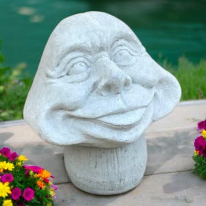 Mushroom with face statue, Garden toadstool art, Stone forest idea, Lawn mushroom art, Yard face toadstool, Outdoor mushroom decor