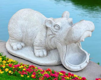 Outdoor hippo statue, Garden animal idea, Hippo concrete art, African animal style, Hippo stone decor, Animal yard ornament, Hippo on base