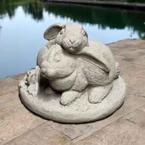 Two rabbits sculpture Stone pair of rabbits Animal yard decor Rabbits on base Garden decoration Forest bunny figurine
