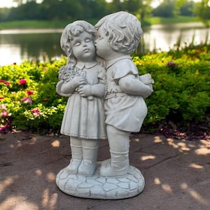Lawn kids figure, Outside children ornament, Stone girl boy art, Backyard kids decor, Beton children sculpture, Girl boy garden idea