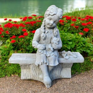 Lawn girl statue, Yard child decoration, Stone kid, Girl on bench sculpture, Outdoor kid figure, Child garden design, Lawn girl ornament