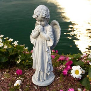 Stone angel statue, Garden religious design, Outdoor cherub idea, Concrete angel decoration, Yard religious sculpture, Beton cherub art