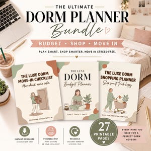 Può includere: Un pacchetto di pianificatori digitali per dormitori che include tre guide stampabili: The Luxe Dorm Move-In Checklist, The Luxe Dorm Budget Planner e The Luxe Dorm Shopping Planner. Il set contiene 27 pagine stampabili con illustrazioni e testo.