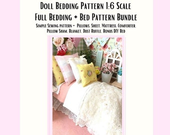 NOUVEAU PatterDoll Literie 1:6 Échelle 11" Modèle de couture de poupée et modèle de lit bricolage Couette | Drap | Oreillers | Shams | Volant anti-poussière et matelas