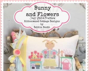 Cross Stitch Pattern Spring Bunny Flowers PDF Digital Download