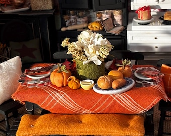 Miniature Dollhouse Fall Black Table, Chairs, Tablesetting, Faux Food, Handmade Floral Centerpiece Dollhouse scale Hand Painted