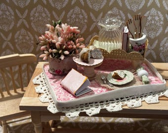 Miniature Cottage Style Handpainted Dishes Faux Food Board Handmade Flower Arrangement 1:12 dollhouse scale