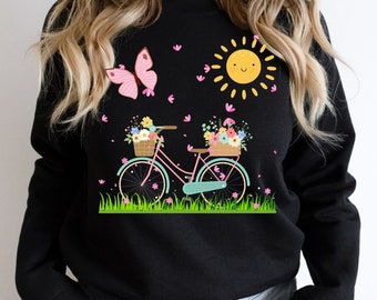 Women's Spring Flower and Bicycle Crewneck Sweatshirt