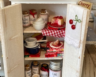 Miniature Cupboard Dollhouse Furniture Cherry Themed Accessories, Food, Canisters, Embroidered Kitchen Towel, Pots and Pans 1:12 scale