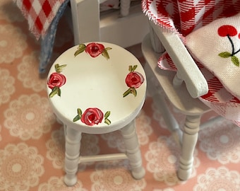 Miniature White Stool Handpainted roses Dollhouse scale