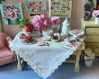 Miniature Dollhouse Spring Cottagecore Style  Buffet Table Handmade Food, Flowers and Accessories 1:12 scale