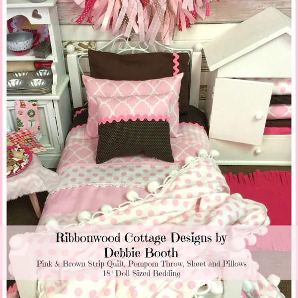 Sewing Pattern 18 inch Doll Bedding,   Pink and Brown Strip Quilt, Sheet, Pillows and Pompom Throw- 18 inch doll size bedding PDF