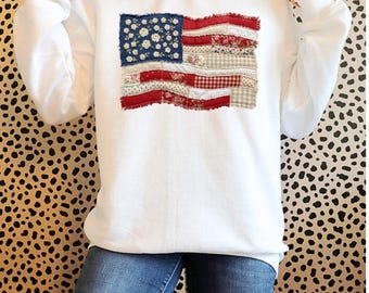 Bluza z imitacją patchworku i flagą amerykańską | 250. rocznica | Klasyczny okrągły kołnierz z flagą USA