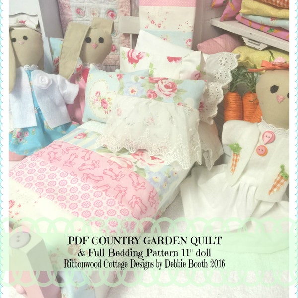 Sewing Pattern PDF Shabby Chic Doll Quilt and Pillows PDF Pattern 11" doll