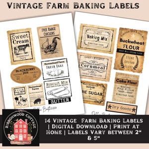 May include: Printable vintage farm baking labels in a rustic style. The labels feature illustrations of farm animals, produce, and baking ingredients. The labels are designed to be printed and used for homemade goods.