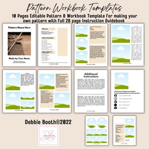 May include: A digital download of a pattern workbook template for making your own pattern. The template includes 10 pages of editable patterns and a 28-page instruction guidebook. The image shows a sample page with a green and blue landscape design.
