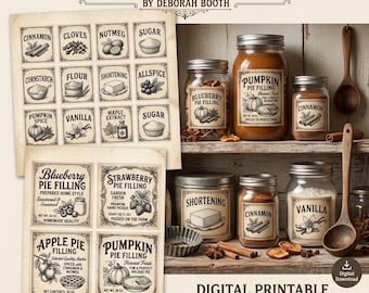 Prim and Vintage Style Pie Filling,  Pantry Decals (Digital Download)
