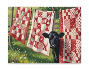 Cow with Quilts Canvas | Country Farmhouse Wall Art