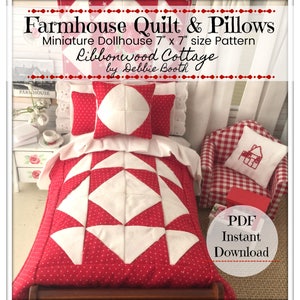 Sewing Pattern Miniature Patchwork  and Pillow Farmhouse PDF Digital Download - Dollhouse Miniature Size 7" x 7"