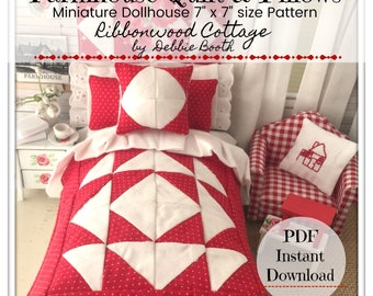Sewing Pattern Miniature Patchwork  and Pillow Farmhouse PDF Digital Download - Dollhouse Miniature Size 7" x 7"