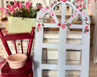 Miniature Dollhouse Hand Painted Roses Pale Blue  Window
