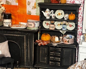 Miniature Dollhouse Black Distressed China Hutch Fall Decor and Food Dishes and Accessories Dollhouse Scale