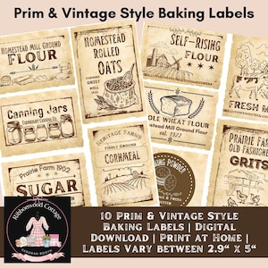 Vintage Kitchen Baking Labels, Vintage Pantry Labels Primitive Digital Download, 10 Printable Vintage Style Tags | Immediate Download