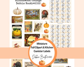 Miniatuur herfstclipart, etiketten keukenbus (pdf-afdruk)
