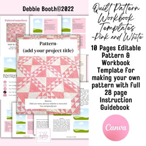 Puede incluir: Una plantilla de cuaderno de trabajo de patrón de acolchado rosa y blanco con un diseño de acolchado de muestra. La plantilla incluye 10 páginas de patrones editables y un libro de instrucciones de 28 páginas. El texto de la imagen dice "Quilt Pattern Workbook Templates - Pink and White", "10 Pages Editable Pattern & Workbook Template for making your own pattern with Full 28 page Instruction Guidebook", y "Canva".