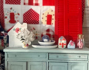 Miniature Cottage Dollhouse Aqua Cupboard, Wood House Dishes, Red Shutters ( not quilt)