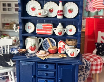 Miniature Dollhouse China Hutch Navy with Dishes and Accessories Dollhouse Scale