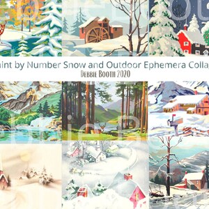 Collage schilderen op nummer, sneeuw en ephemera in vintagestijl